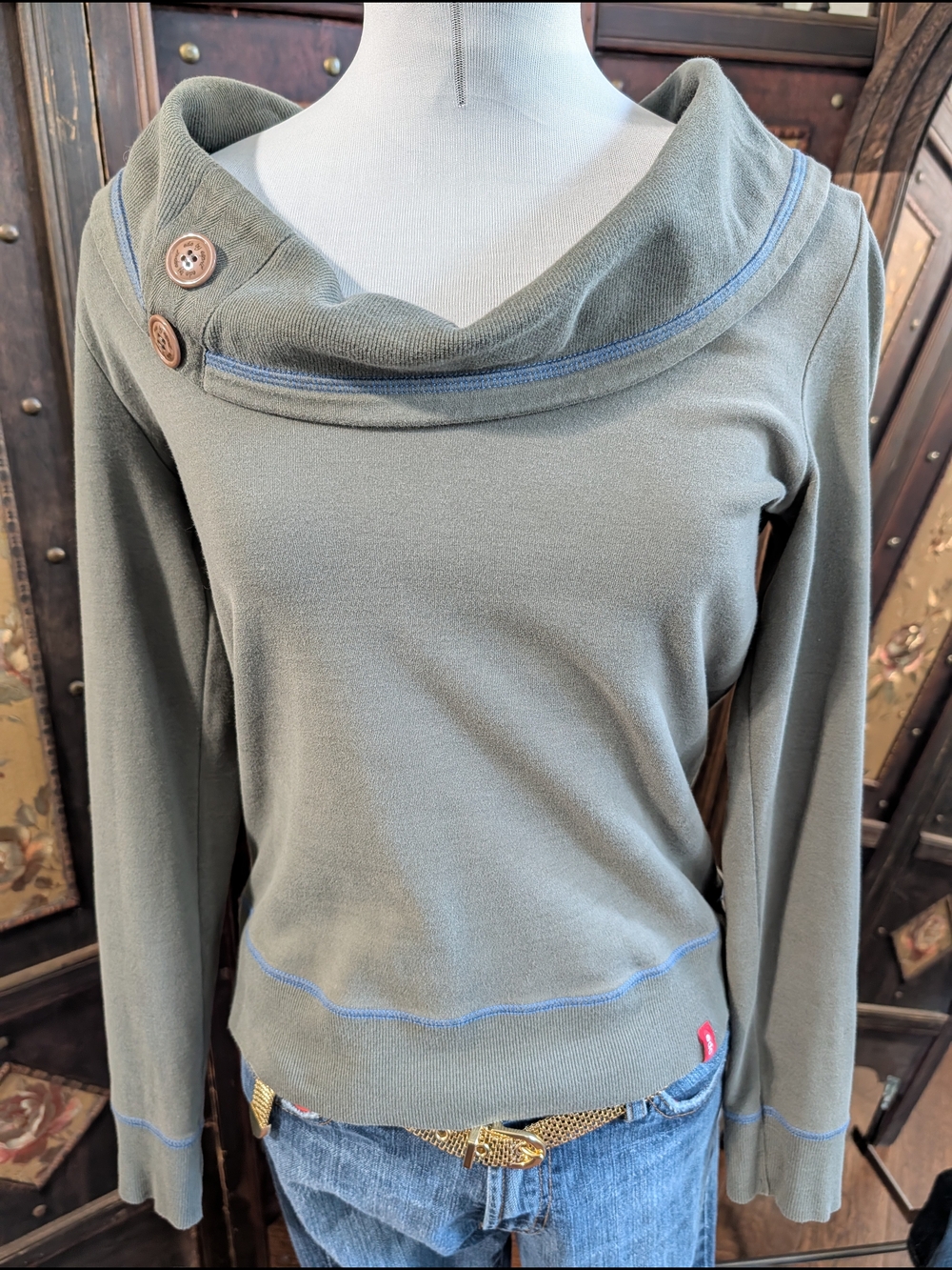 Esprit EDC Y2K Cotton Olive Green Cowl Neck Sweater Buttons Lightweight Medium M